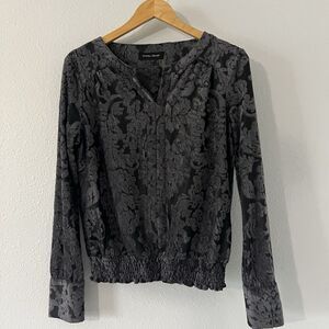Ivanka Trump Velvet Floral Shirt Womens M Gray Smocked Waist Split Neck Elegant